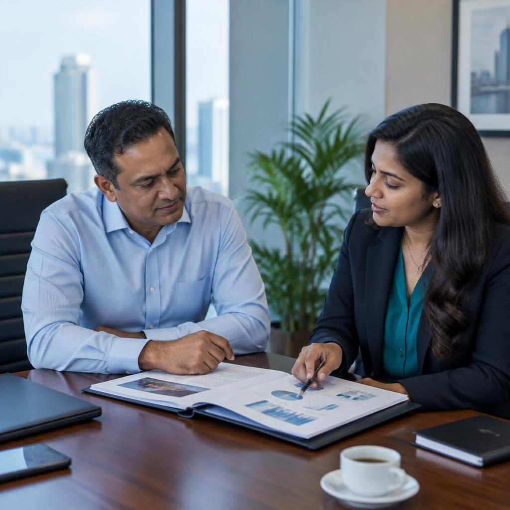 A business advisor reviewing a business profile with a private investor